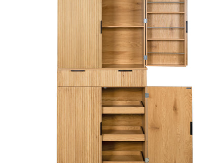 Fluted Kitchen Pantry Cabinet With 3 Keyboard Drawers & 6 Door Shelves Adjustable