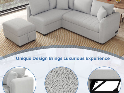 L-Shaped Sectional Pull Out Sofa Bed Sleeper Sofa With Two USB Ports, Two Power Sockets And A Movable Storage Ottoman