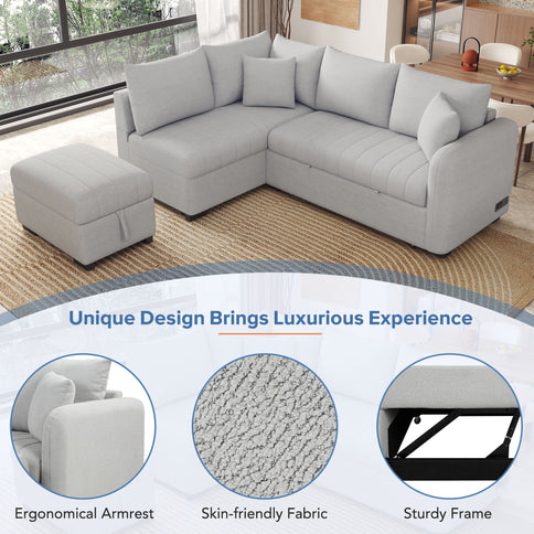 L-Shaped Sectional Pull Out Sofa Bed Sleeper Sofa With Two USB Ports, Two Power Sockets And A Movable Storage Ottoman