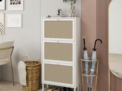 Modern Rattan 3 Door Shoe Rack Cabinet For Entryway
