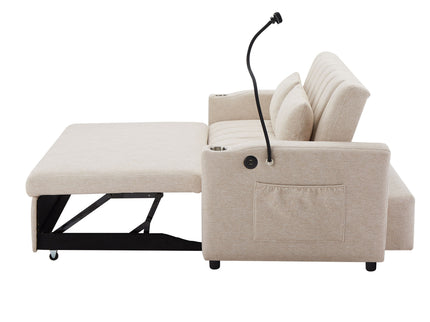 Convertible Sofa Bed Loveseat Sofa With Three USB Ports, Two Side Pockets, Two Cup Holders And 360° swivel Phone Holder For Living Room