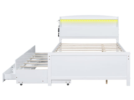 Full Size Platform Bed With Storage LED Headboard, Twin Trundle And 3 Drawers - White