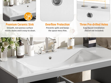 Bathroom Vanity With Sink, Soft Close Doors, Adjustable Shelf & 3 Drawers