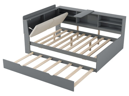 Platform Bed With Trundle, Shelves, And Storage Headboard