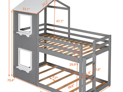 Bunk Bed Wood Bed & Roof, Window, Guardrail, Ladder