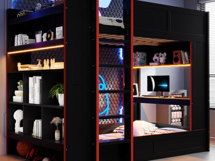 Full Size Gaming Bunk Bed With Desk, Storage Shelves, LED And Charging Station - Black