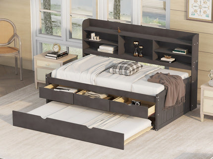 Captain Bed With Built In Bookshelves, 3 Storage Drawers, And Trundle