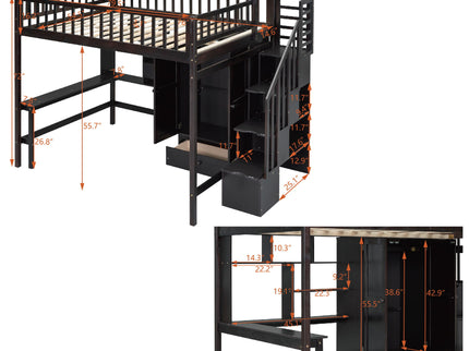 Loft Bed With Bookshelf, Drawers, Desk, And Wardrobe