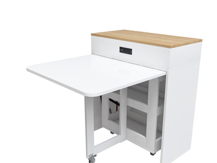 Extendable Dining Table With Power Socket, Lockable Casters, Storage Cabinet
