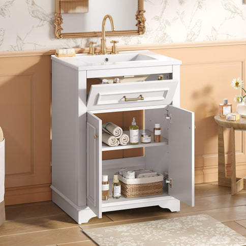 Bathroom Vanity With Integrated Sink, 2 Door Cabinet With Tip Out Drawer, Rectangular Design