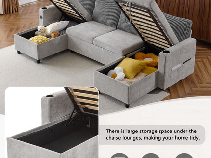 Sectional Sofa Bed With Pull Out Sleeper, USB Ports, Cup Holders