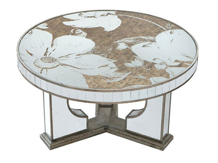 Round Table With Elegant Foral Design And Mirrored