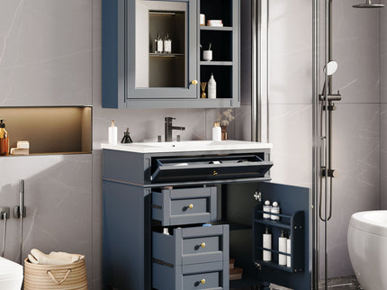 Bathroom Vanity With Medicine Cabinet, Royal Mirror Cabinet, Modern Bathroom Storage Cabinet With 2 Soft Closing Doors And 4 Drawers