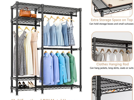 Freestanding Clothes Rack, With 6 Adjustable Wire Shelves And 3 Garment Rails - Black