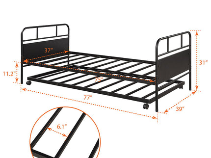 Twin Size Daybed Platform Bed Frame With Trundle Built In Casters - Black