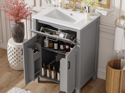 Bathroom Vanity With Ceramic Sink, Soft Close Doors, Flip Drawer, Double Layer Door Shelves