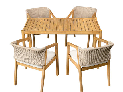 Outdoor Dining Set 1 Table 4 Chairs (Set of 5) - Teak / Beige