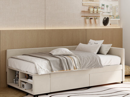 L Shaped Upholstered Platform Bed With Storage And Drawers