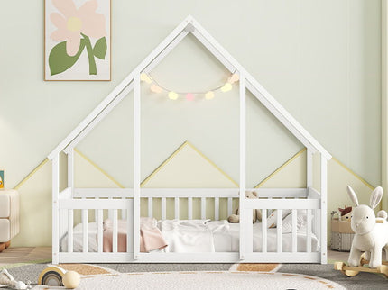 Wood House-Shaped Floor Bed With Fence, Guardrails
