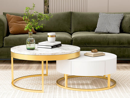 Round Nesting Coffee Table With Drawers - Golden / White