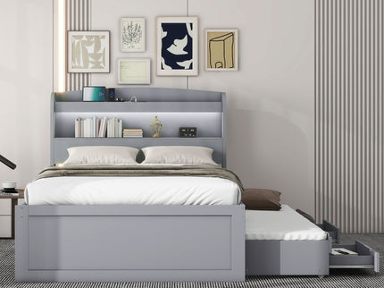 Platform Bed With LED Headboard, Charging Station, Trundle And 2 Drawers