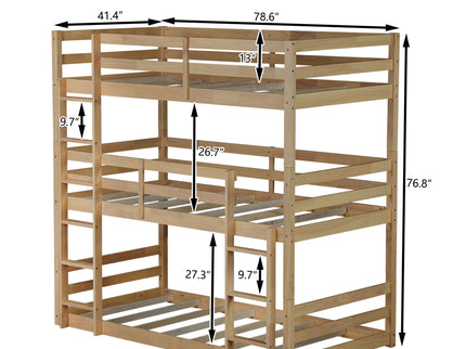 Twin Over Twin Over Twin Triple Bunk Bed With 2 Built In Ladders, Guardrails - Natural