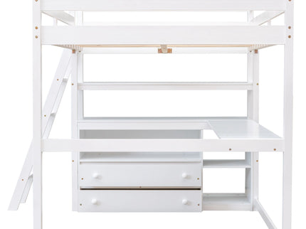 Modern Loft Bed With Built In Desk, Shelves, And 2 Drawers