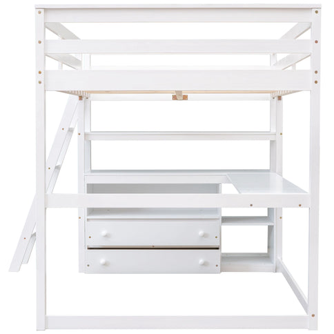 Modern Loft Bed With Built In Desk, Shelves, And 2 Drawers