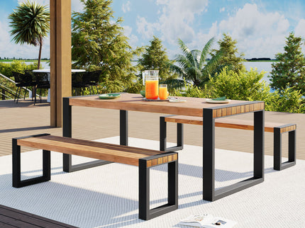 3 Pieces Outdoor Dining Table With 2 Benches, Patio Dining Set With Unique Top Texture, Acacia Wood Top & Steel Frame, All Weather Use, For Outdoor & Indoor - Natural