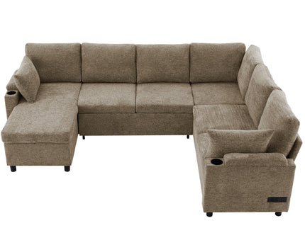 U-Shaped Sectional Sofa Bed With Storage, Charging Ports, And Cup Holders - Brown