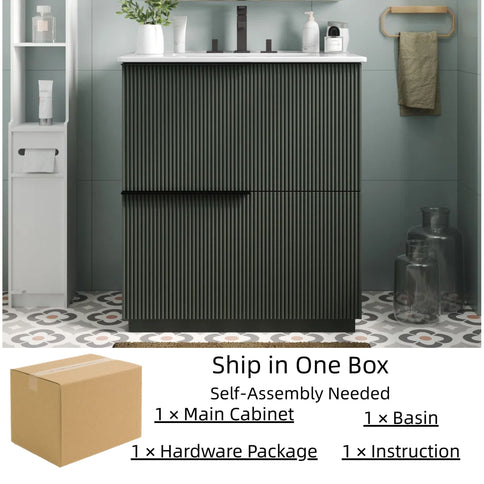 Fluted Bathroom Vanity With Ceramic Sink, Soft Close Slides