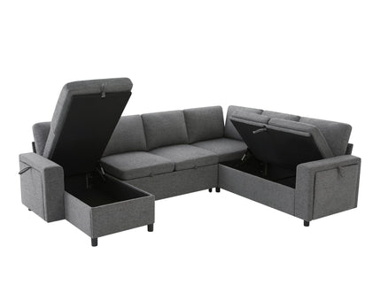 U - Shaped Convertible Sectional Sofa Bed With Storage, USB Charger & Cup Holders