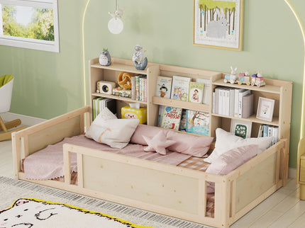 Platform Floor Bed With Guardrail Fence And Side Storage Shelves