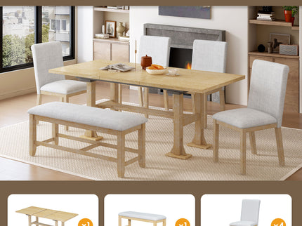 Topmax - 6 Piece Farmhouse Extendable Dining Table Set Trestle Kitchen Table Set With Removable Leaf And Upholstered Dining Chair And Bench For Dining Room
