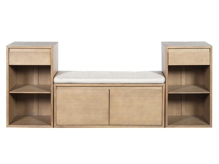 Entryway Storage Bench With Cushion, Drawers & Open Shelves