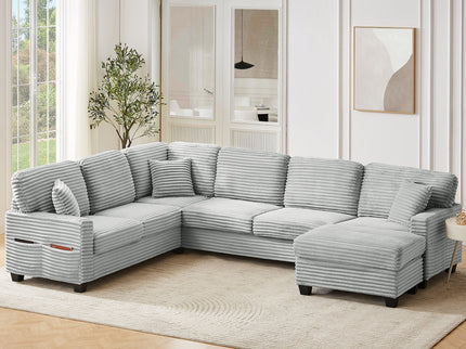 Upholstered U-Shaped Sectional Sofa With Movable Ottoman And Side Storage Pockets