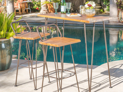 Dione Outdoor Industrial Acacia Wood Bar Set With Metal Frame And Slat Paneling - Brown