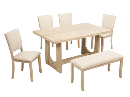 6 Piece Rectangular Kitchen Table Set With Bench And 4 Upholstered Chairs For Kitchen - Light Oak