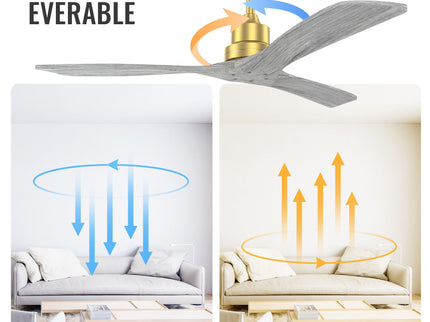 Indoor Ceiling Fan Without Light 3 Solid Wood Blades Remote Control Reversible Dc Motor - Gold