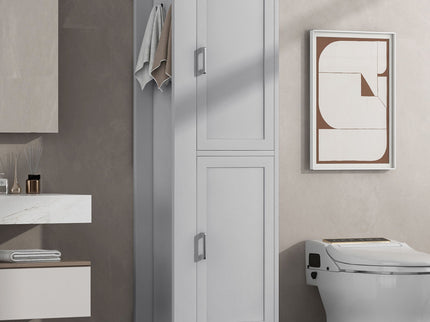 Tall Freestanding Bathroom Storage Cabinet With Adjustable Shelves And Side Hooks