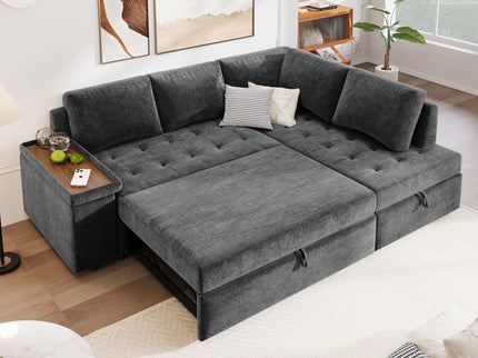 L Shaped Couch With Pull Out Bed And Storage Sectional Sleeper Sofa With Hidden Storage, Wide Armrest With Storage, For Living Room, Apartment, Bedroom, Office