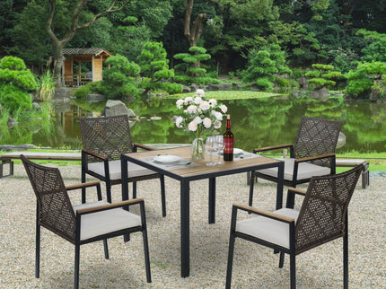 5 Piece Patio Dining Table Set, Acacia Wood Table Top With Umbrella Hole