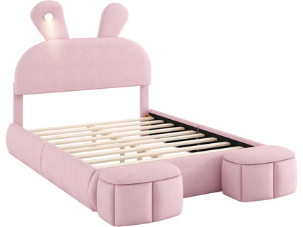 Full Upholstered Platform Bed With Cartoon Ears Headboard And LED Light - Pink