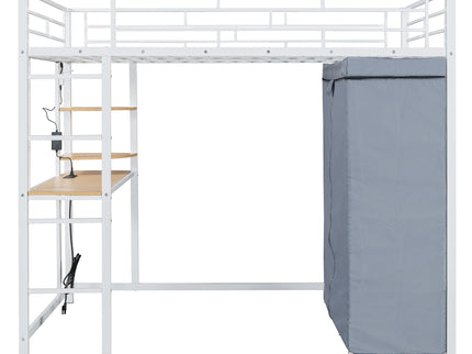 Loft Bed With Desk, Shelves, Power Outlet, LED Light And Wardrobe