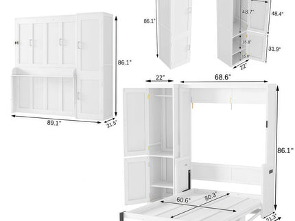 Queen Size Murphy Bed With Wardrobe, Space-Saving Hidden Wall Bed With Desk And Charging Station - White