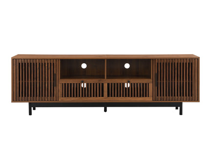 TV Stand, Entertainment Center With Slatted Doors, Cable Management, Soft Closing Hinges - Walnut