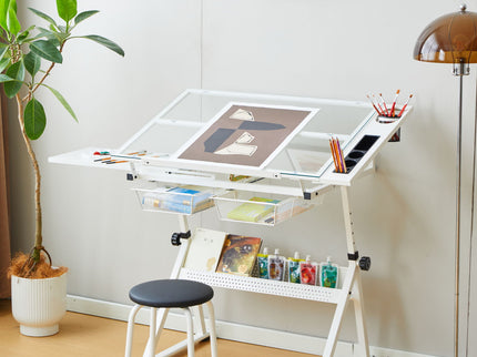 Adjustable Tempered Glass Drafting Printing Table With Chair
