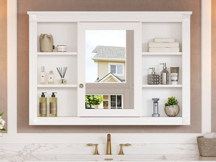 Wall Mounted Bathroom Storage Cabinet With Mirror, Medicine Cabinet With 6 Open Shelves And Adjustable Interior - White