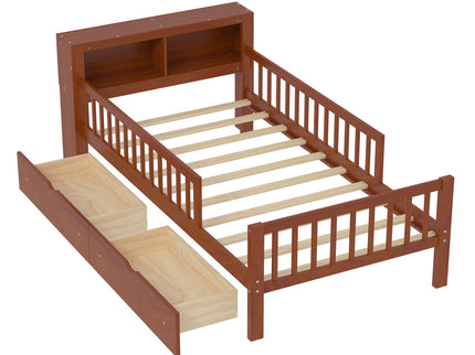 Bed With Headboard Storage Rack, 2 Under Bed Drawers, 3 Side Guardrails For Safety