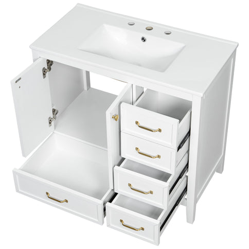 Elegant Vintage Bathroom Vanity & Sink And Soft Closing Door, 4 Drawers Of Different Sizes Frame